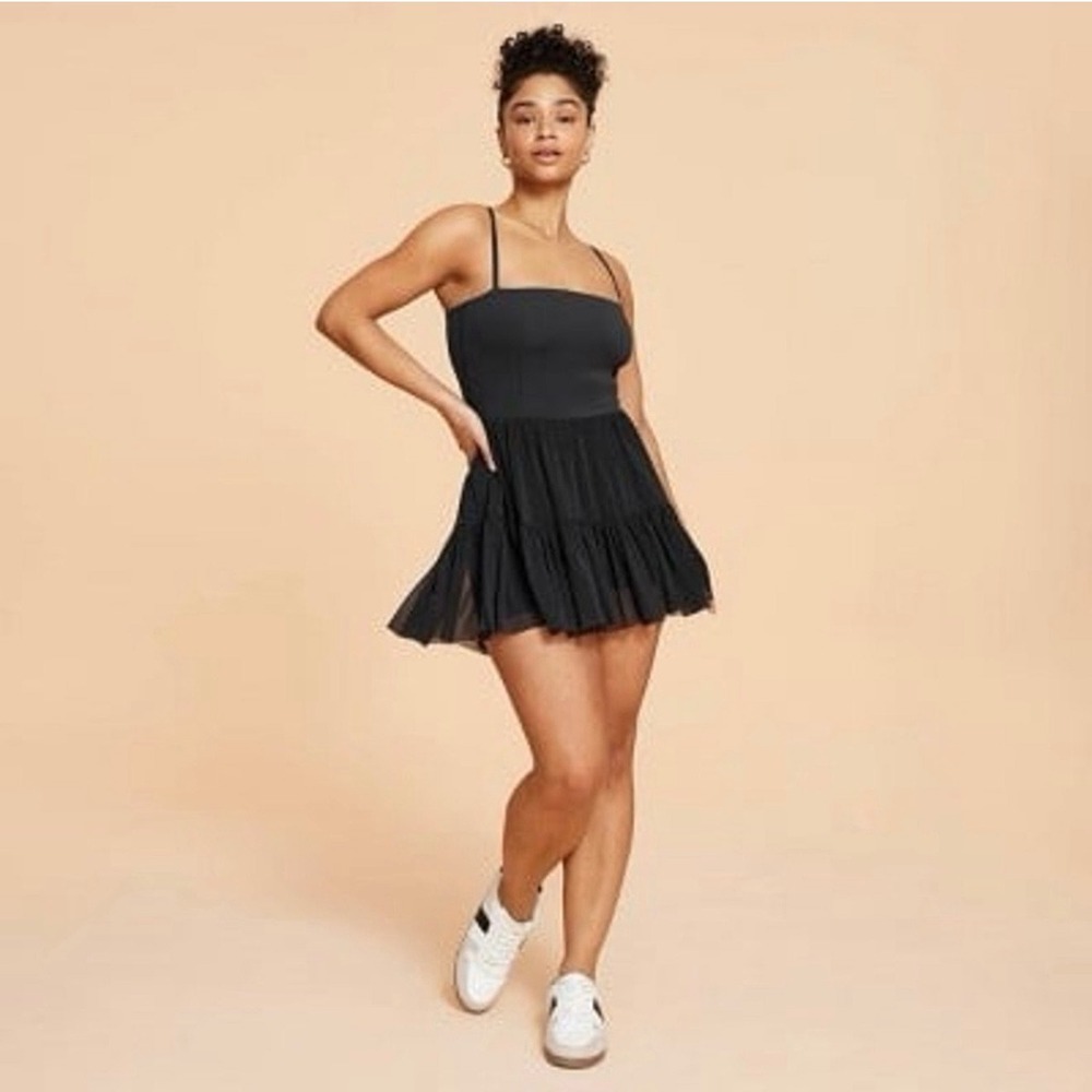 Blogilates Women Ballerina Dress Small Black Tiered Mesh Skirt Built-in Shorts